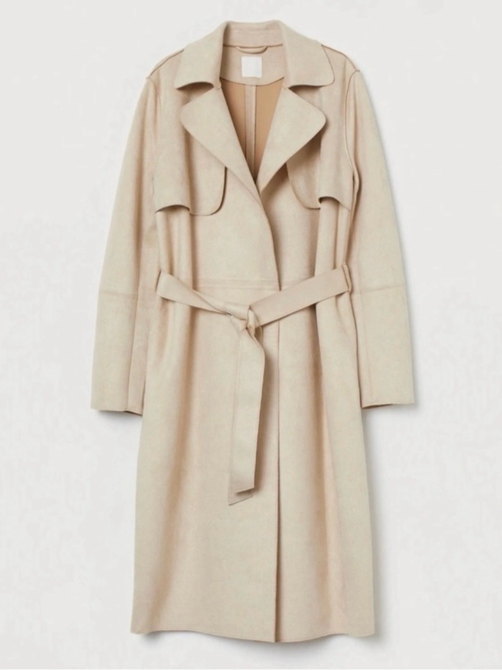 Chic Cream Faux Suede Belted Trench Coat